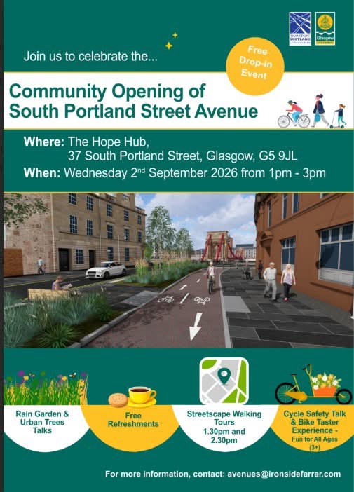 Flyer shared by Blackfriars Primary Parent Council for the community opening of South Portland Street Avenue, showing the date, venue and activities.