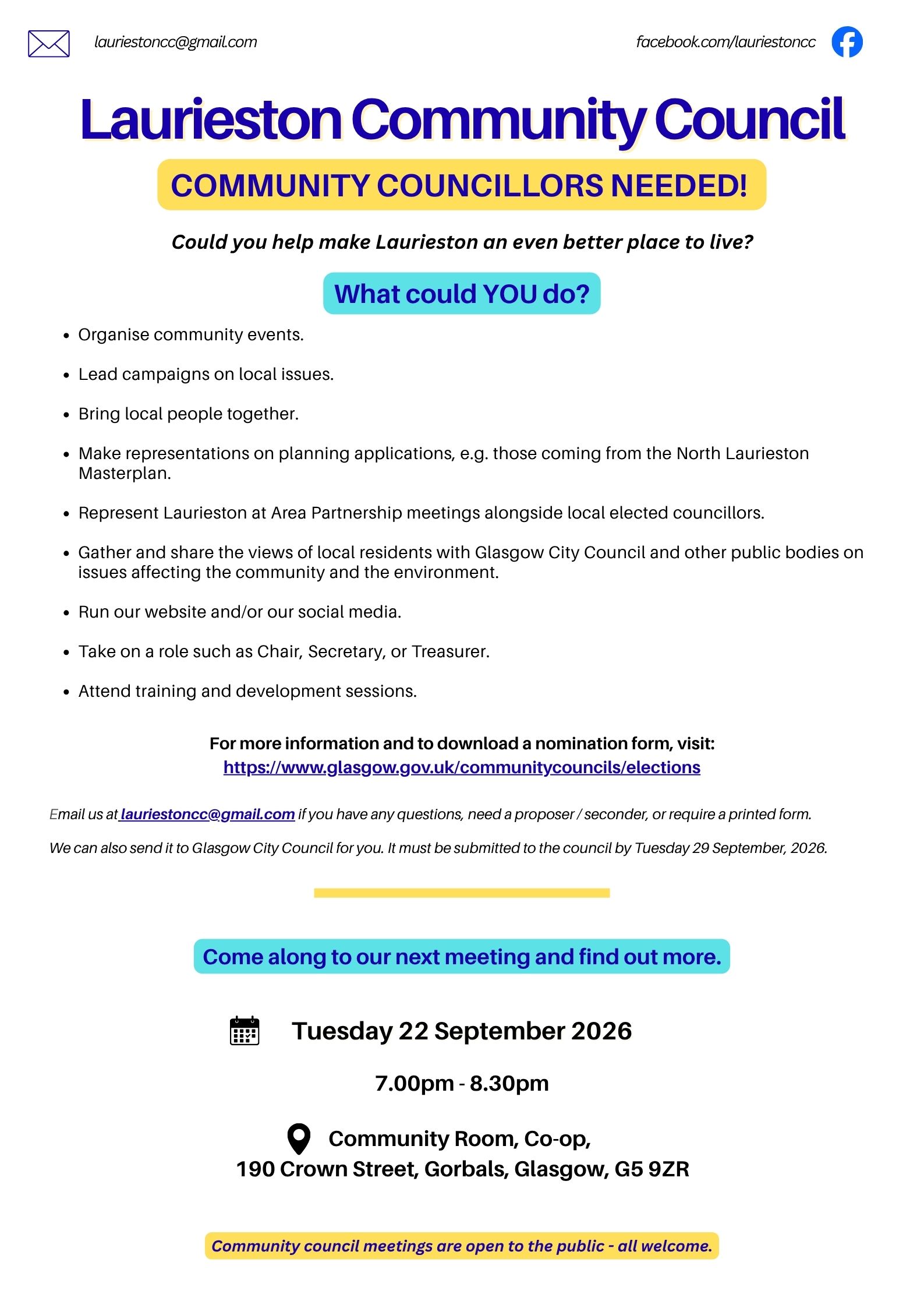 Laurieston Community Council poster inviting local residents to become community councillors