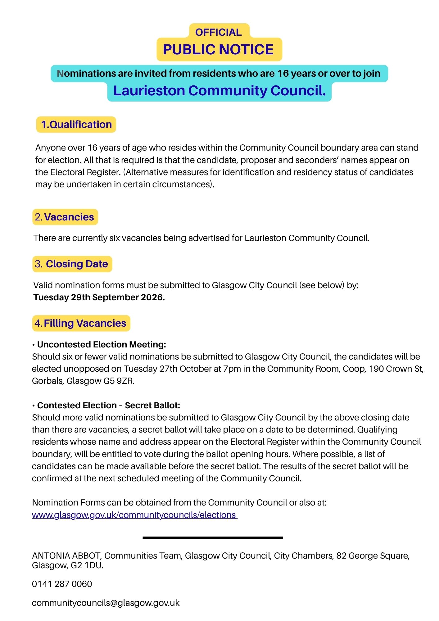 Laurieston Community Council official public notice inviting nominations to join the Community Council